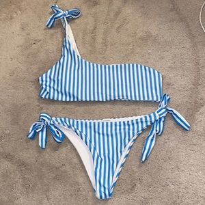 White and blue striped one shoulder bikini